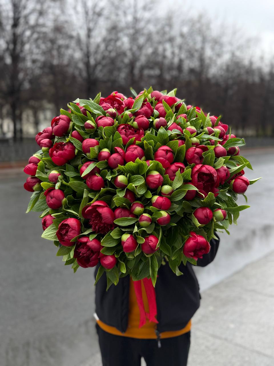 Букет из бордовых пионов 115шт